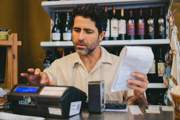 middle-aged latin male owner of an organic produce business doing math at the cash register