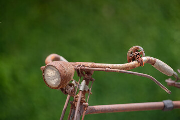 Old decay bicycle on green vine climbing garden wall outdoor. Rust Classic bike old bicycle on green garden wall retro style. Vine plant green leaves partition background.