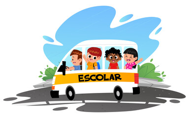 Brazilian school transport - School bus. Happy Children Going to School