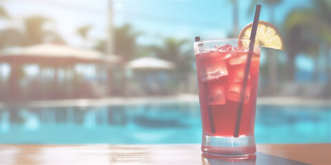 close up of a red cocktail at the pool, blurred background, ai generated 