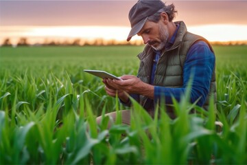A modern farmer in a corn field using a digital tablet to review harvest and crop performance, ESG concept and application of technology in contemporary agriculture practices, generative ai