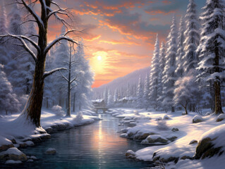 Sunset Serenity: River's Embrace in Snowy Forest, Generative AI