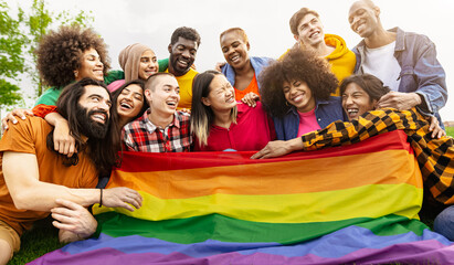 Happy diverse young friends celebrating gay pride day - LGBTQ community concept - obrazy, fototapety, plakaty