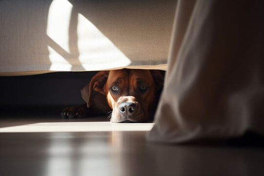 Scared dog hiding under bed. Generative AI illustration