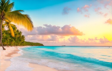 Fototapeta na wymiar Beach in Caribbean island at sunset, generative ai