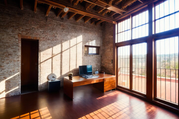 Modern office interior in loft industrial design. Generative AI