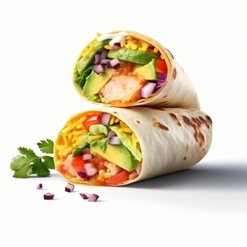 Tortilla wrap roti meat and vegetable fast food isolated image on white background  