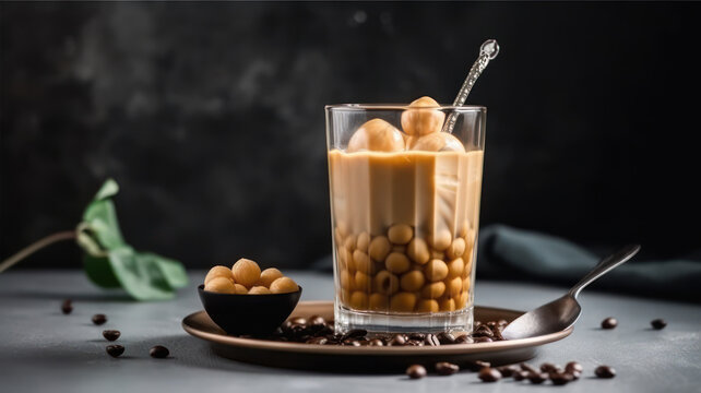 Iced tapioca coffee latte or boba pearl bubbles milk tea, asian trendy cold coffee drink with tapioca balls and crushed ice, on white marble background Generative AI