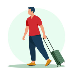 Man with a travel suitcase at the airport. Summer vacation. Flat vector illustration	