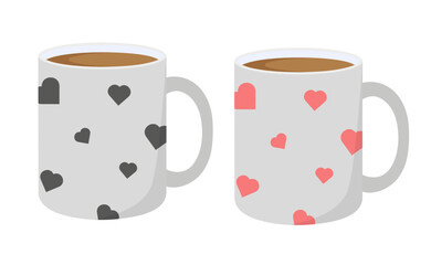 Paired mugs. White or gray coffee mugs. Ceramic mugs with hearts. Isolated on white background.	
