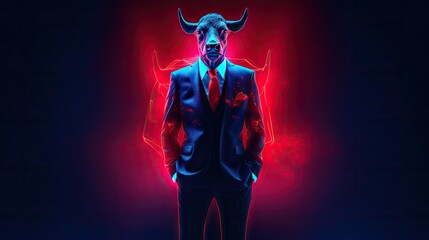 Bull in in the suit. Financial stock market symbol.  Blue background with red neon lights. 