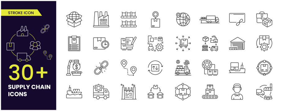 supply chain Vector Icon collection Set of line icons related to supply chain, value chain, logistic, delivery, manufacturing, commerce. Outline icon collection. Vector illustration. Editable stroke