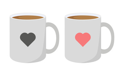 Paired mugs. White coffee mugs. Ceramic mugs with hearts. Isolated on white background.