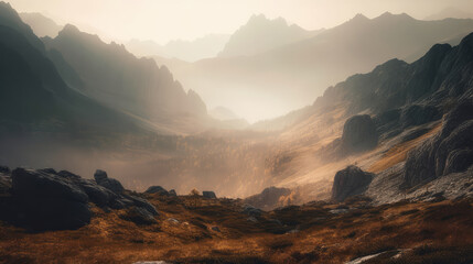 Fototapeta premium Misty illustration of a mountain range in fog, creating a majestic atmosphere. Generative AI