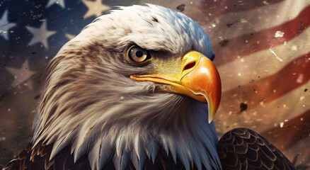 Portrait of a bald eagle with American flag created with Generative AI	