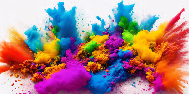 A colorful explosion of colored powder on a white background. Color splashes. Underwater paint. Rainbow color paint explosion. Generative AI