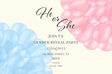  Invitation for gender reveal party with pink and blue balloons. Vector flat illustration for card, , design, flyer, poster, decor, banner, web, advertising.