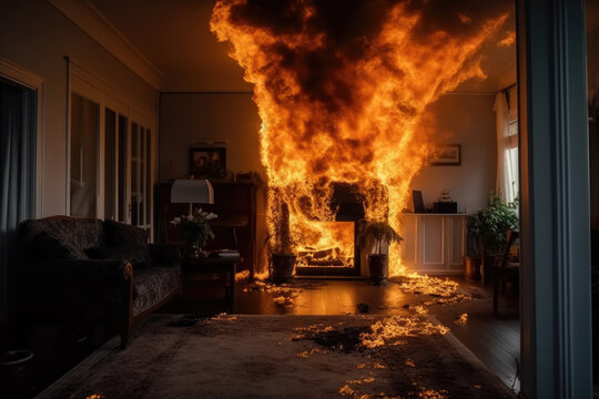 Living room with fireplace engulfed in flames in the house, created with Generative AI