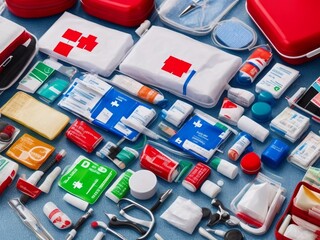 A first aid kit opened with medical supplies visible