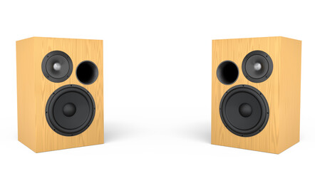 Hi-fi speakers with loudspeakers for sound recording studio on white background.