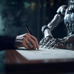 Fototapeta premium Human signing a contract on paper with robot, future technology illustration