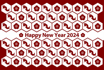2024年辰年の年賀状イラスト: 龍と梅の花模様