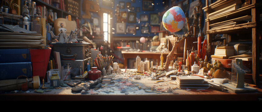 isney's pinocchio studio, in the style of rendered in unreal engine, playful still life paintings, messy, uhd image, science academia