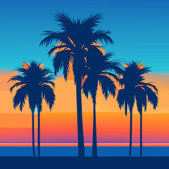 blue palm trees at sunset. Orange sunset with blue sky.
