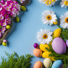 Naklejka na ściany i meble An Easter-themed still life composition with colorful eggs, spring flowers, and decorative