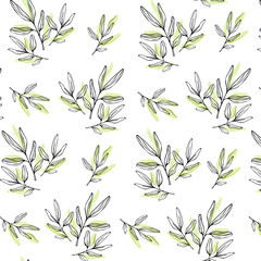 seamless pattern with painted contour leaves