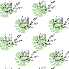 seamless pattern with painted contour leaves