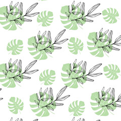 seamless pattern with painted contour leaves