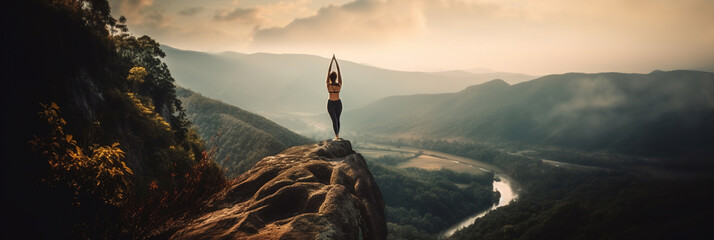 Woman Meditating, Practicing Yoga in Lotus pose at mountain peak, Healthy lifestyle, self care, mindfulness concept. generative ai - obrazy, fototapety, plakaty