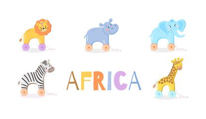 Set of African animals: lion, hippo, elephant, zebra, giraffe. Cute bright wooden toys on wheels for babies. Children's vector illustration on the theme of safari in cartoon style.