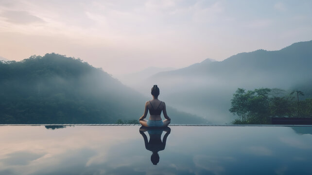 Woman Meditating, Practicing Yoga in Lotus pose on the pool above the Mountain peak in the morning. Healthy lifestyle, self care, mindfulness concept. generative ai