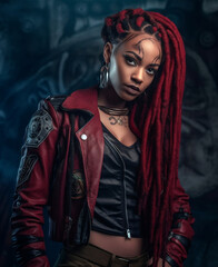 Beautiful African American woman in Leather Jacket, Biker look, Generative AI