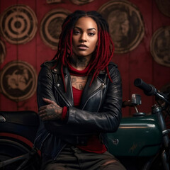 Beautiful African American woman in Leather Jacket, Biker look, Generative AI