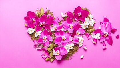 Naklejka na ściany i meble Heart. Love. Heart shape made out of flowers, orchids, herbs and leaves on pink background, generative ai