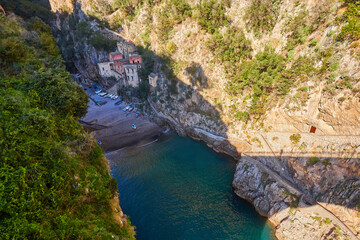 Fiordo di Furore Beach Fjord of Furore seen from the bridge, an unusual beautiful hidden place in the province of Salerno