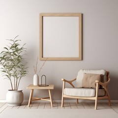 Mock up Poster with minimal decor close up in home interior background,Scandi boho style interior background, coastal boho style interior,modern beige home interior, living room interior, 3D render