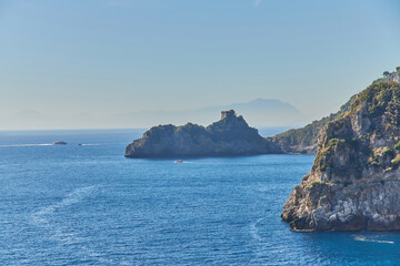 Rocky Cliffs and Mountain Landscape by the Tyrrhenian Sea. Amalfi Coast, Italy.