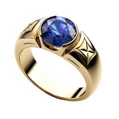 a gold ring with a large Sapphire set into the top in a 3/4 view, PNG, in a Jewelry-themed, isolated, and transparent photorealistic illustration. Generative ai