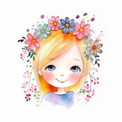 Cute little girl with watercolor illustration with Generative AI technology