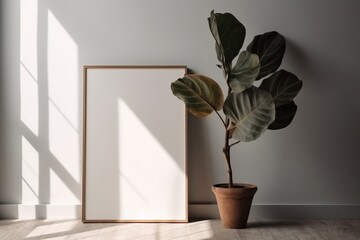 Minimalist Vertical Frame Mockup Leaning on White Wall with Dramatic Shadow Effect: Blank Canvas for Creative Applications generative AI