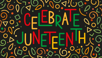 Juneteenth Freedom Day greeting banner. African American History concept. Text on black background with geometric pattern.	