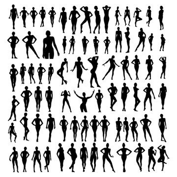 Vector illustration. Black silhouette of girls in different poses. Big set.