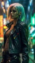 A cyberpunk girl in a city with neon lights