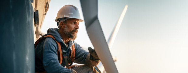 Man engineer worker working in windmills wind power station portrait generative ai