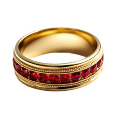 an isolated whole Ruby precious gem, a wedding ring set in a gold ornate band of 24k gold, jewelry-themed, photorealistic illustrations on a transparent background cutout in PNG. Generative AI