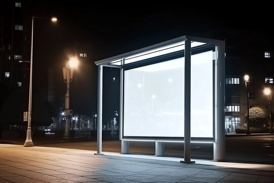 empty billboard at the bus stop at night. AI Generated.
